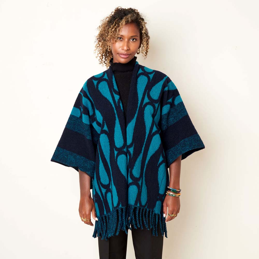 Poncho print met gestreepte mouw